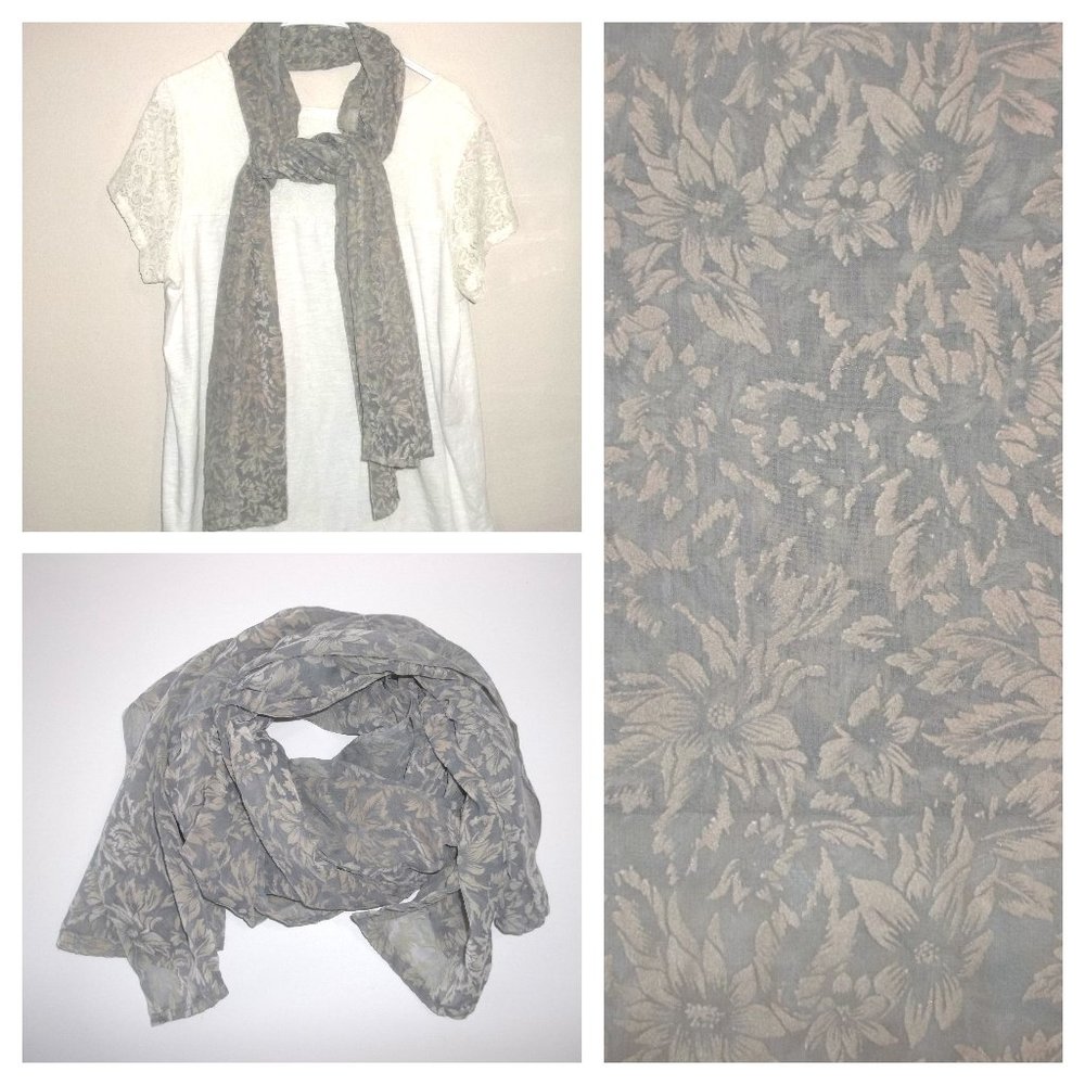 Long Scarf Flower Grey and Taupe Fashion Accessory Floral Lightweight Woman S55